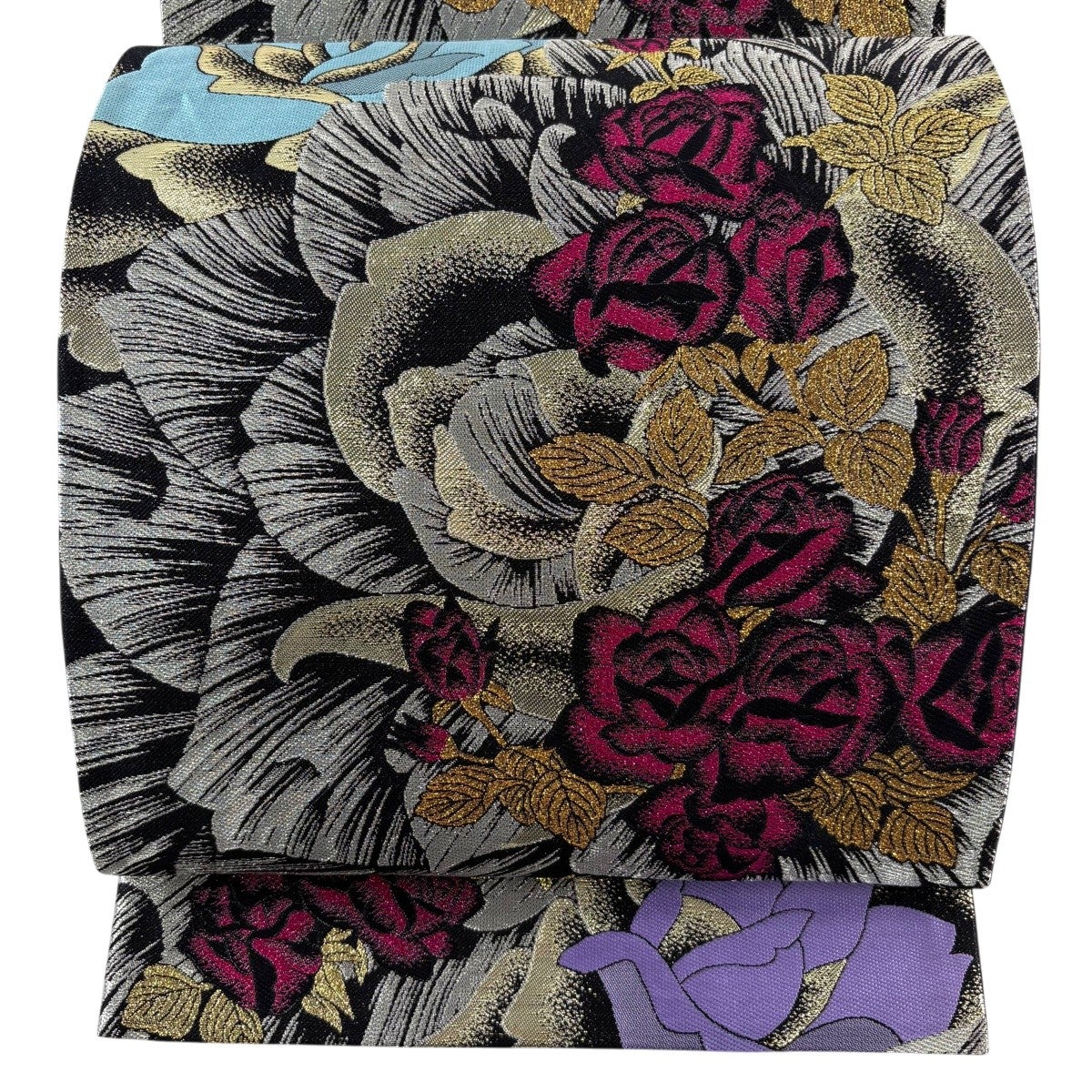 美品】 袋帯 秀品 振袖向き 薔薇 箔 銀色 六通 正絹｜中古・古着