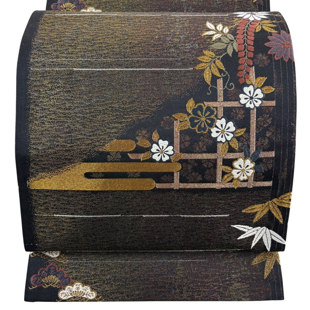 美品】 袋帯 秀品 桜 松竹梅 金糸 箔 金茶 六通 正絹｜中古・古着