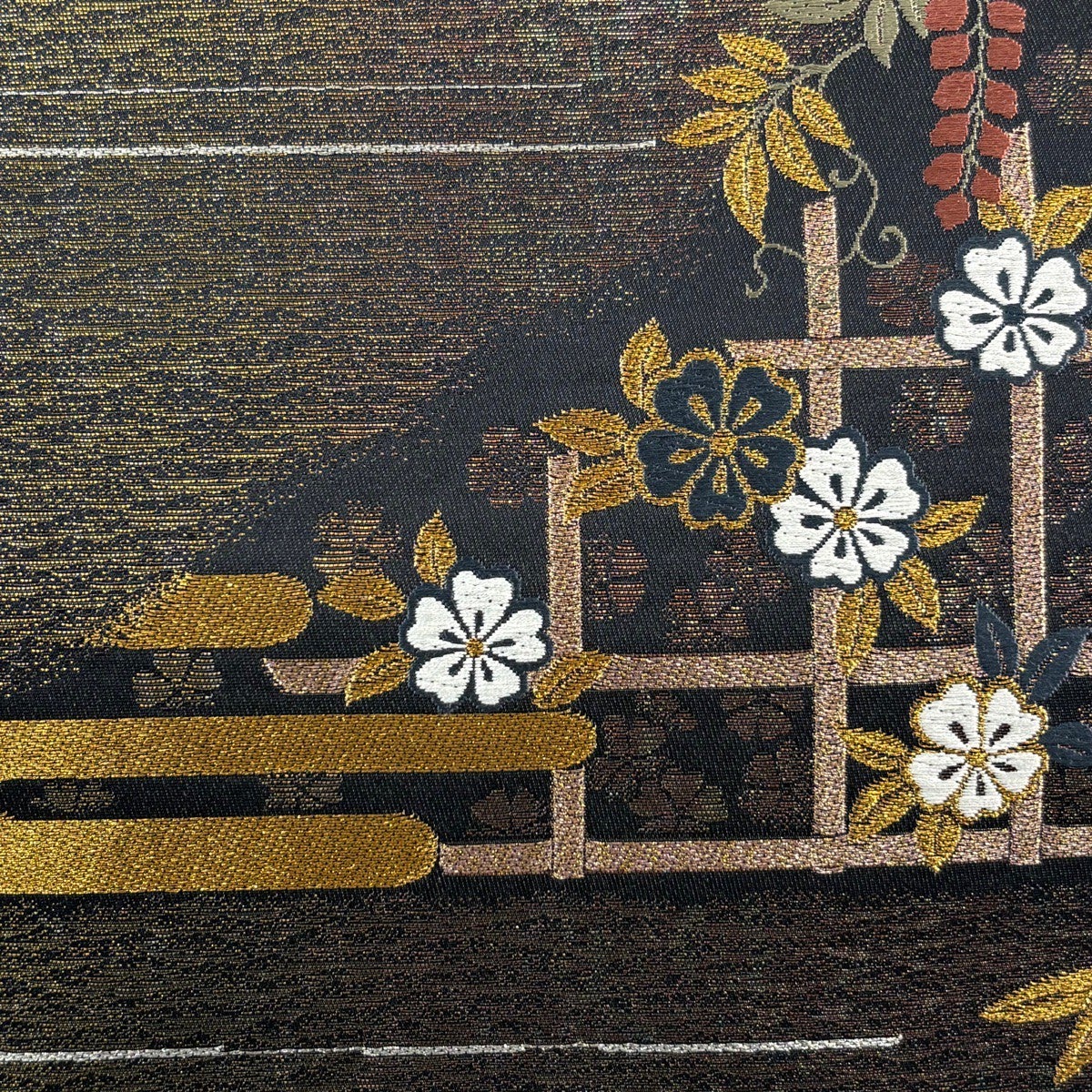 美品】 袋帯 秀品 桜 松竹梅 金糸 箔 金茶 六通 正絹｜中古・古着