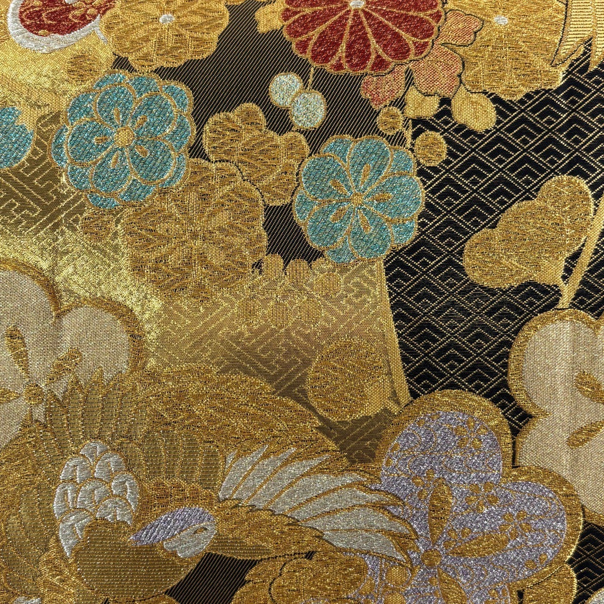 美品】 袋帯 秀品 鳥 菊 金銀糸 箔 金色 六通 正絹｜中古・古着