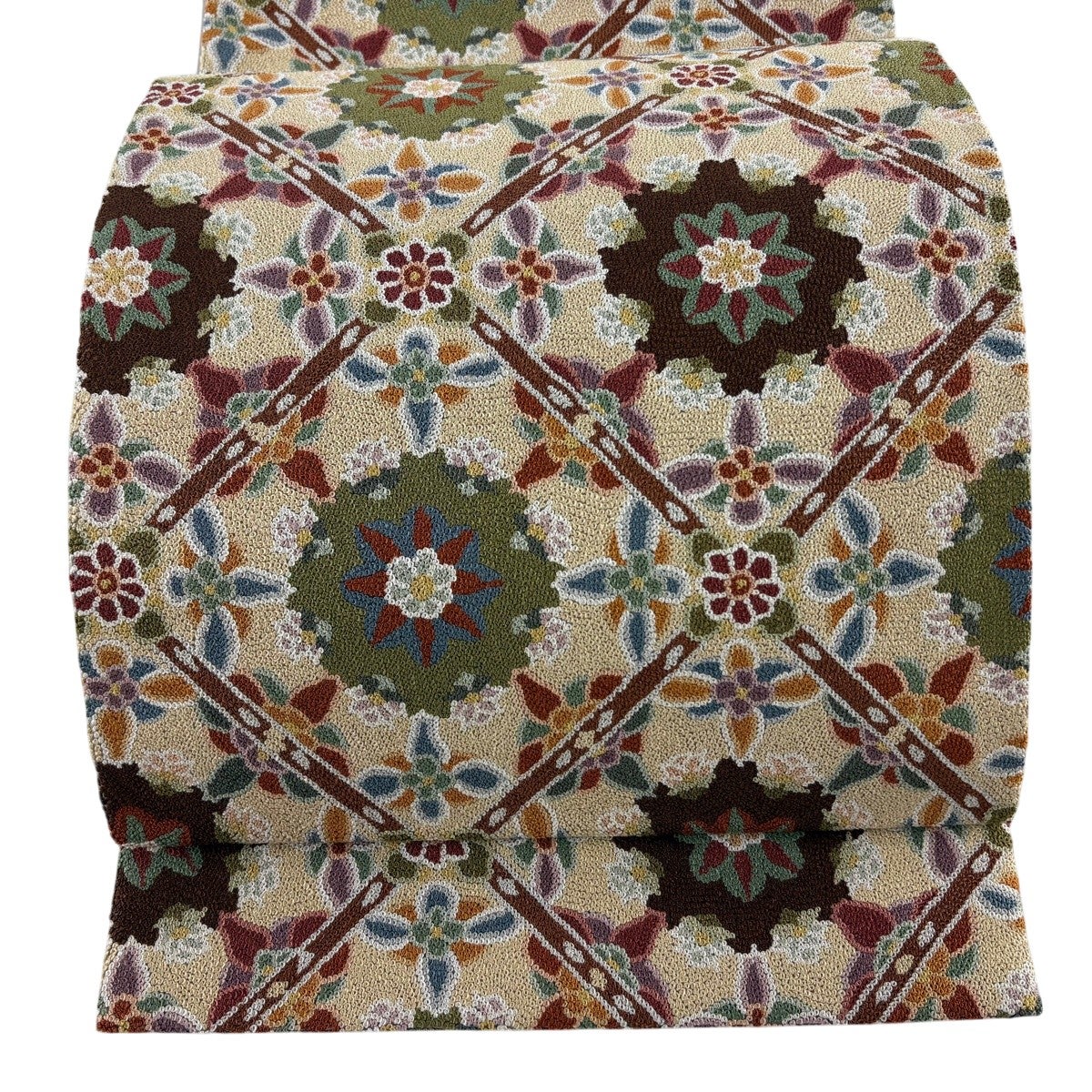 美品】 袋帯 逸品 華文 草花 相良刺繍 金糸 茶色 六通 正絹｜中古