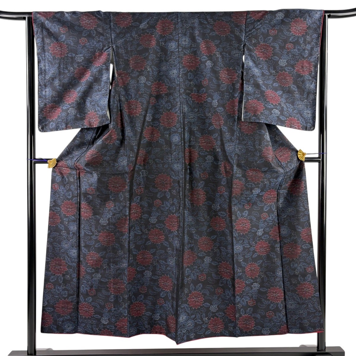 美品】 紬 身丈157cm 裄丈64cm M 袷 花 斜め格子 青灰色 正絹 優品