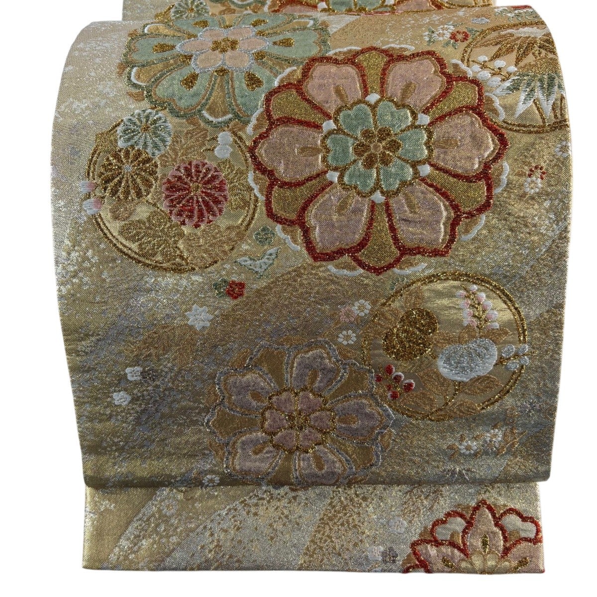 袋帯 秀品 花丸文 牡丹 箔 金銀糸 ベージュ 六通 正絹｜中古・古着