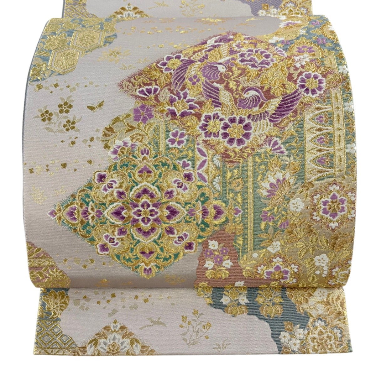 美品】 袋帯 逸品 じゅらく 落款あり じゅらく黄金繭 花 菱格子 金銀糸