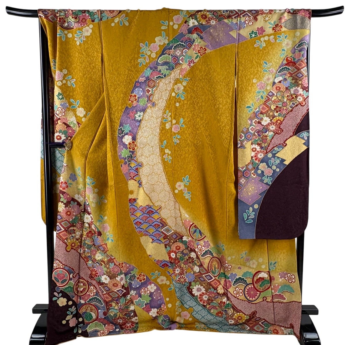 美品】 振袖 身丈173cm 裄丈71cm L 袷 草花 蝶 金糸 金通し 山吹色