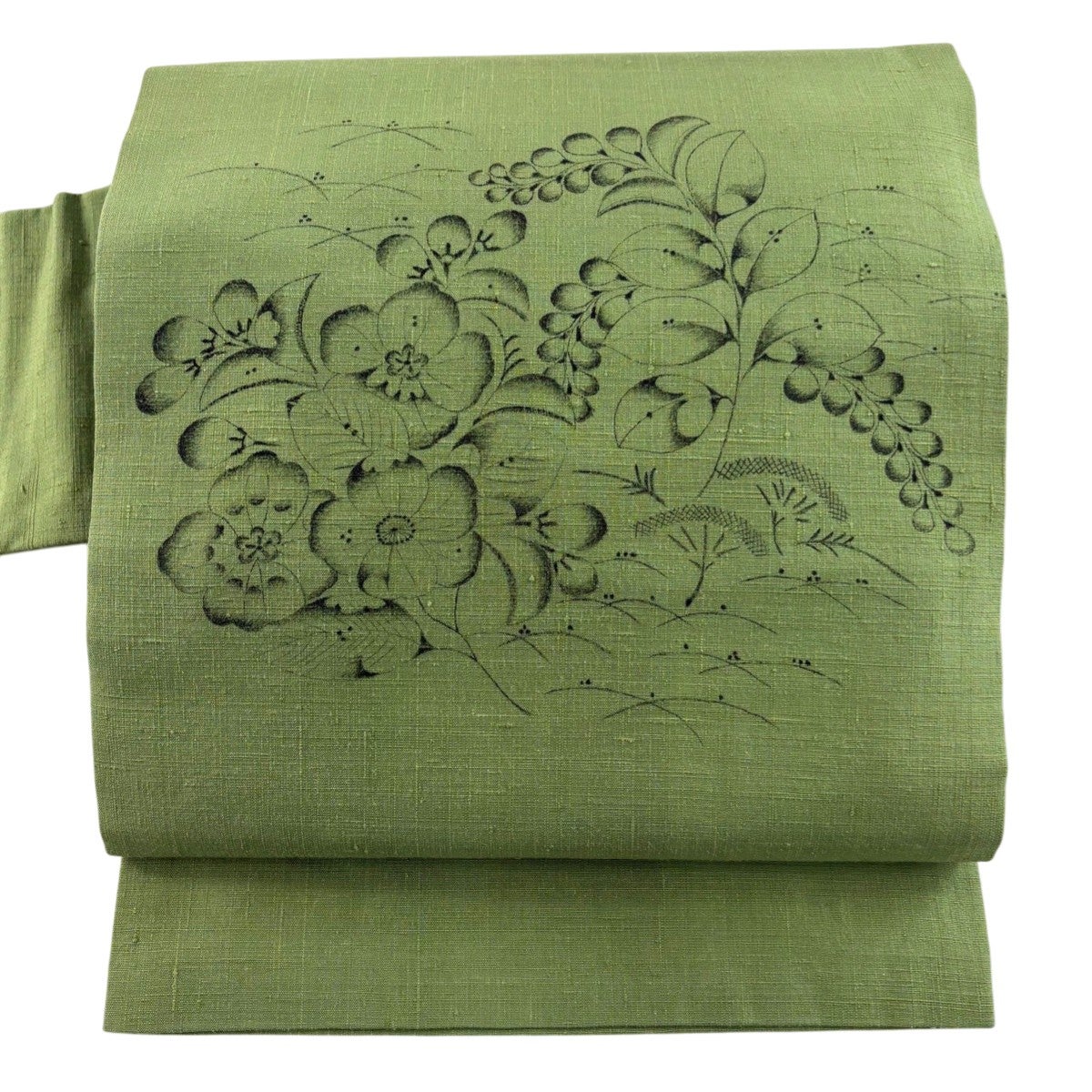 名古屋帯 逸品 落款あり 知念紅型工房 琉球びんがた 草花 よもぎ色