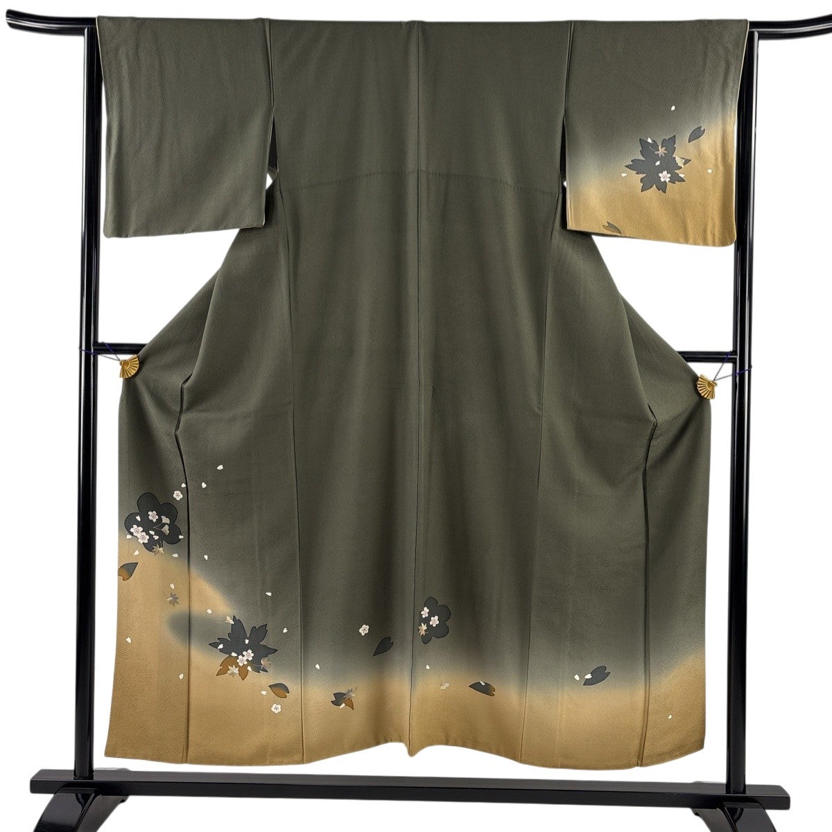 訪問着 身丈158.5cm 裄丈64cm M 袷 桜 流水 茶緑色 正絹 秀品｜中古