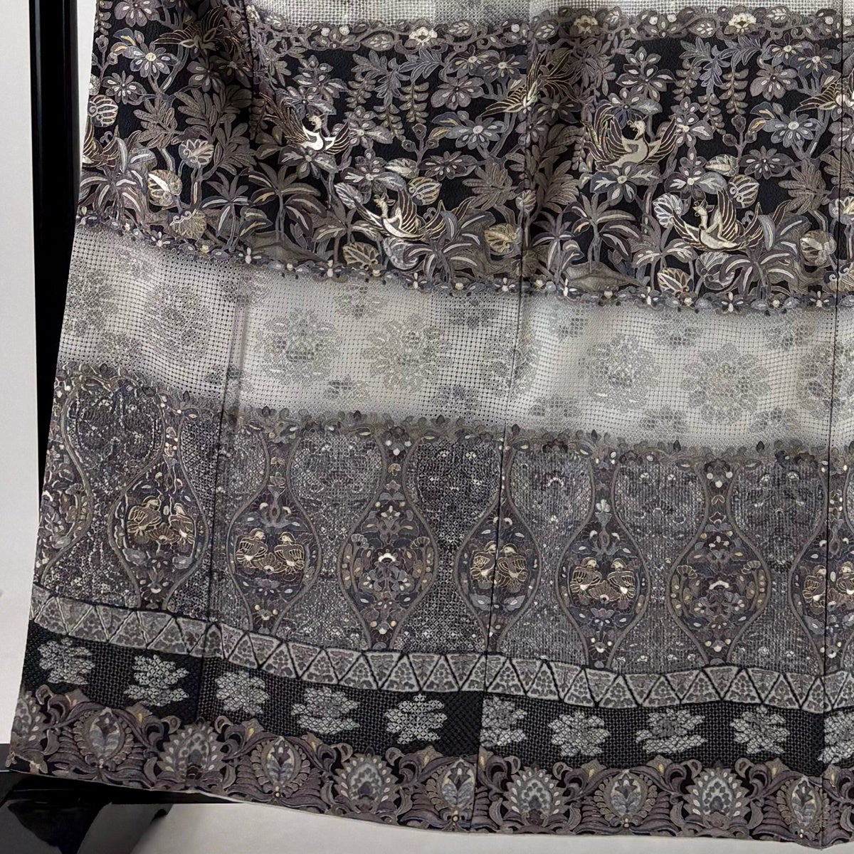 訪問着 身丈162cm 裄丈65cm M 袷 鳳凰 草花 汕頭刺繍 金糸 灰色 正絹