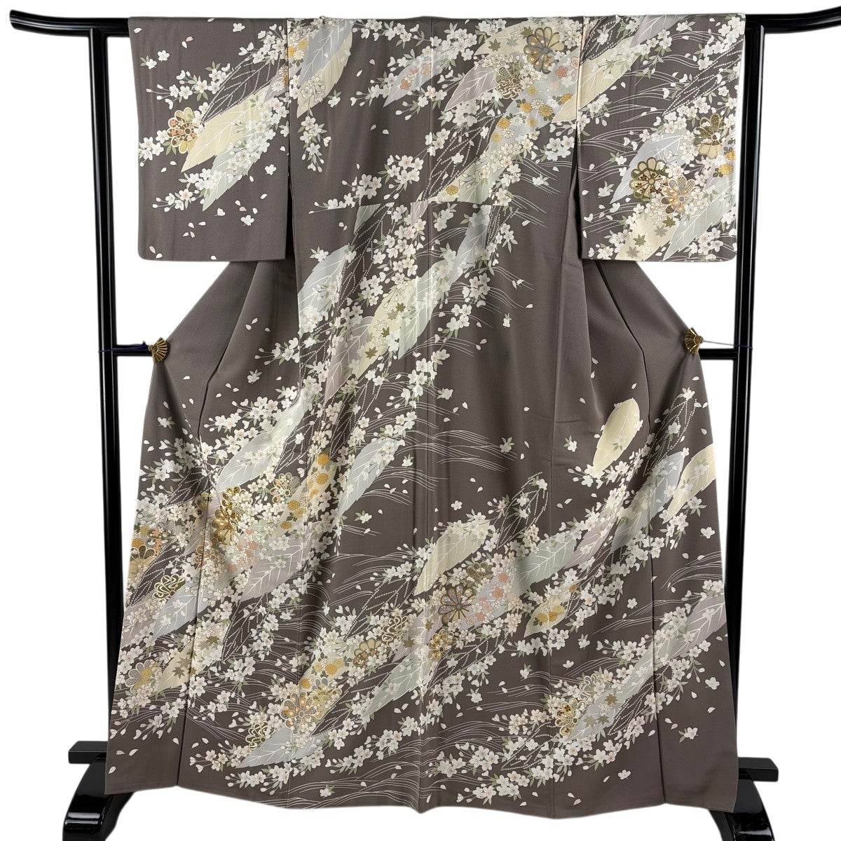 訪問着 身丈166cm 裄丈62cm S 袷 桜 草花 金糸 金彩 灰茶 正絹 逸品