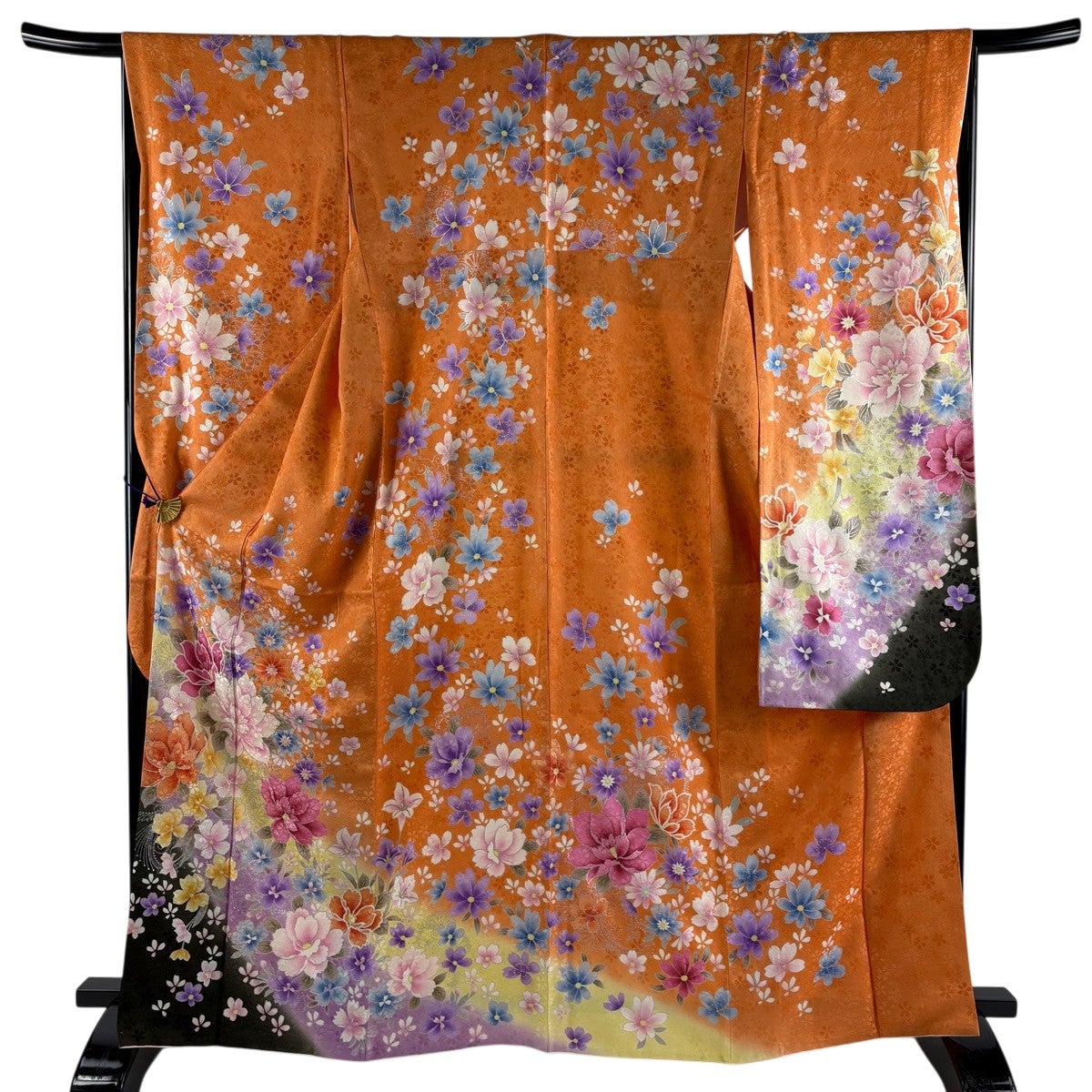 美品】 振袖 身丈163cm 裄丈66cm M 袷 鈴乃屋 草花 流水 銀通し 金糸