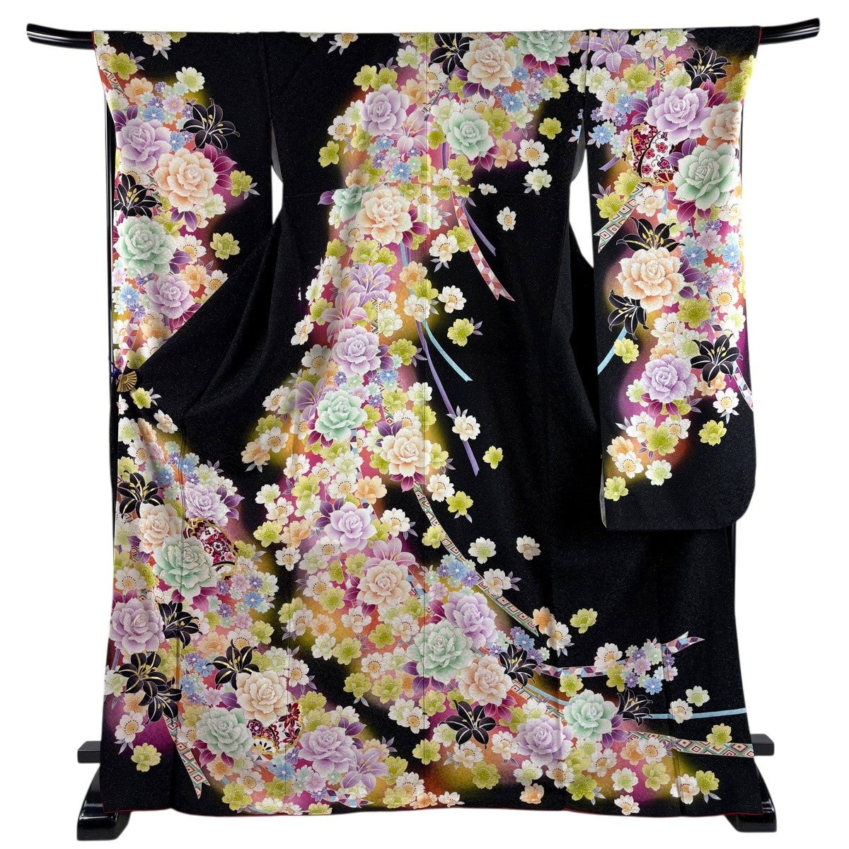 美品】 振袖 身丈173cm 裄丈70cm L 袷 薔薇 草花 銀通し 金彩 黒 正絹