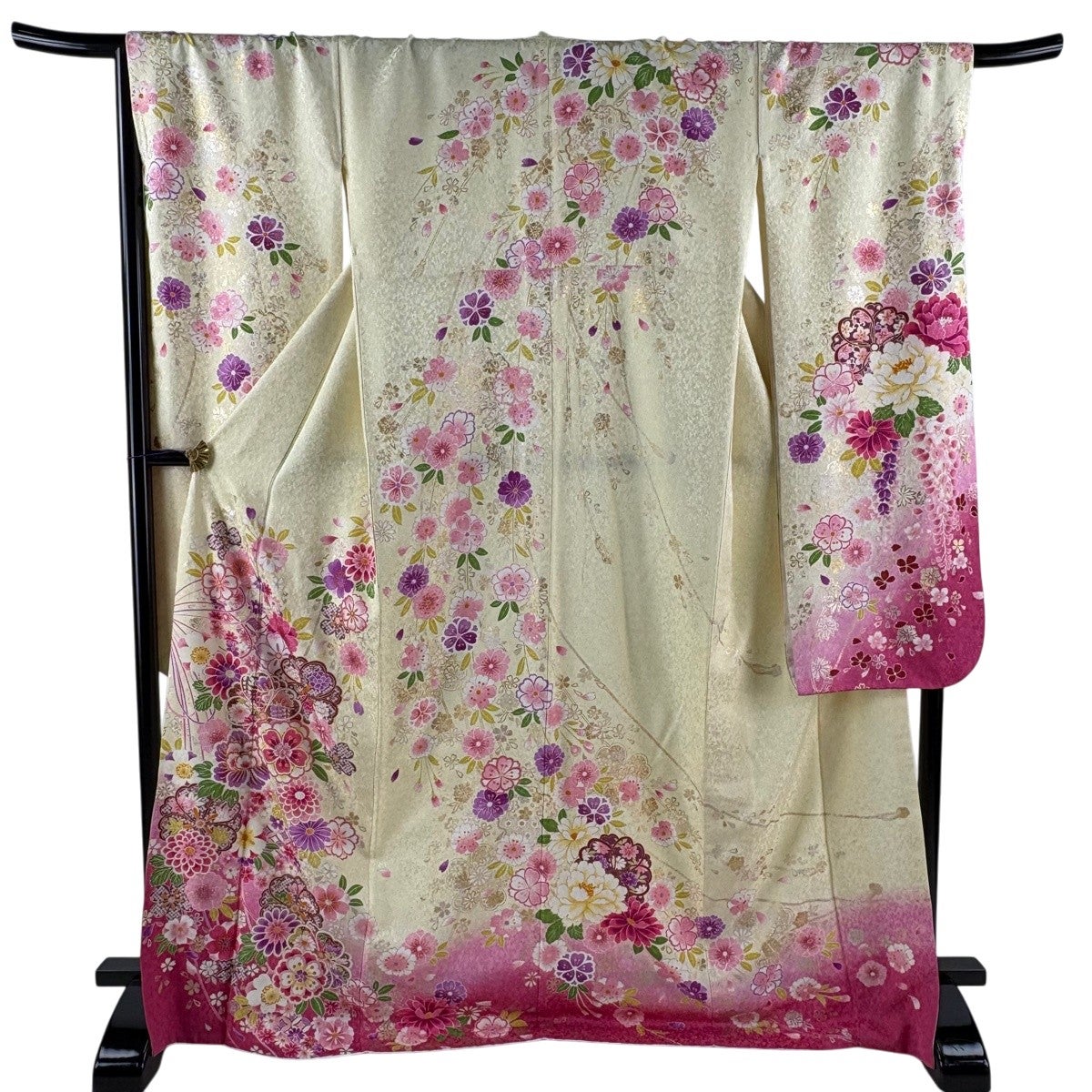 美品】 振袖 身丈172cm 裄丈69cm L 袷 牡丹 桜 箔 金彩 青緑 正絹 名品