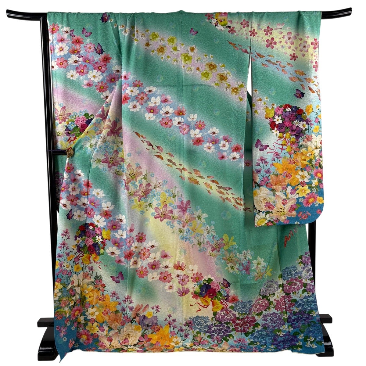 美品】 振袖 身丈174cm 裄丈70cm L 袷 Moe 落款あり 草花 蝶 銀通し