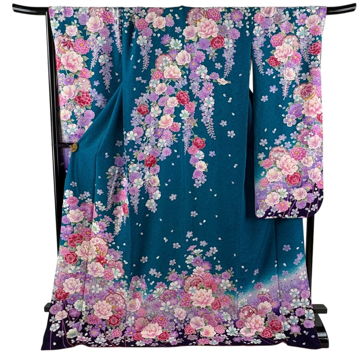 AI 美品 振袖フルセット 雪輪に桜 青 金駒刺繍 金彩 正絹 帯・襦袢・小物 美品】 振袖 身丈177cm 裄丈69.5cm L 袷 草花 雪輪 銀通し 金彩 青緑