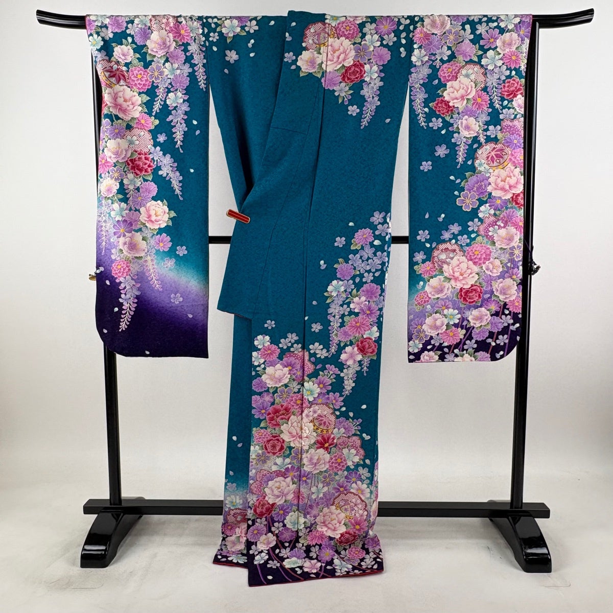 美品】 振袖 身丈177cm 裄丈69.5cm L 袷 草花 雪輪 銀通し 金彩 青緑