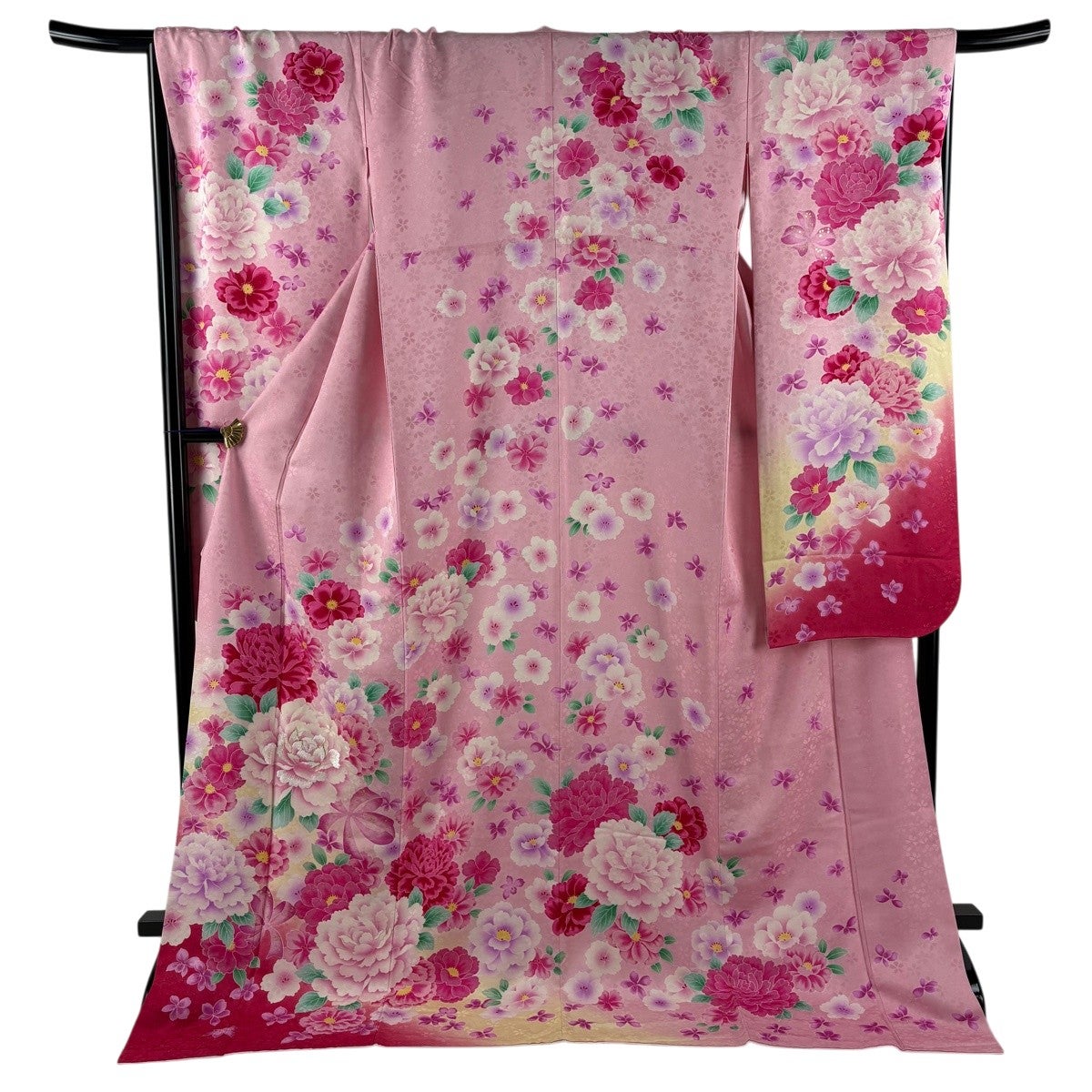 美品】 振袖 身丈183cm 裄丈68.5cm L 袷 牡丹 草花 銀通し 金銀糸