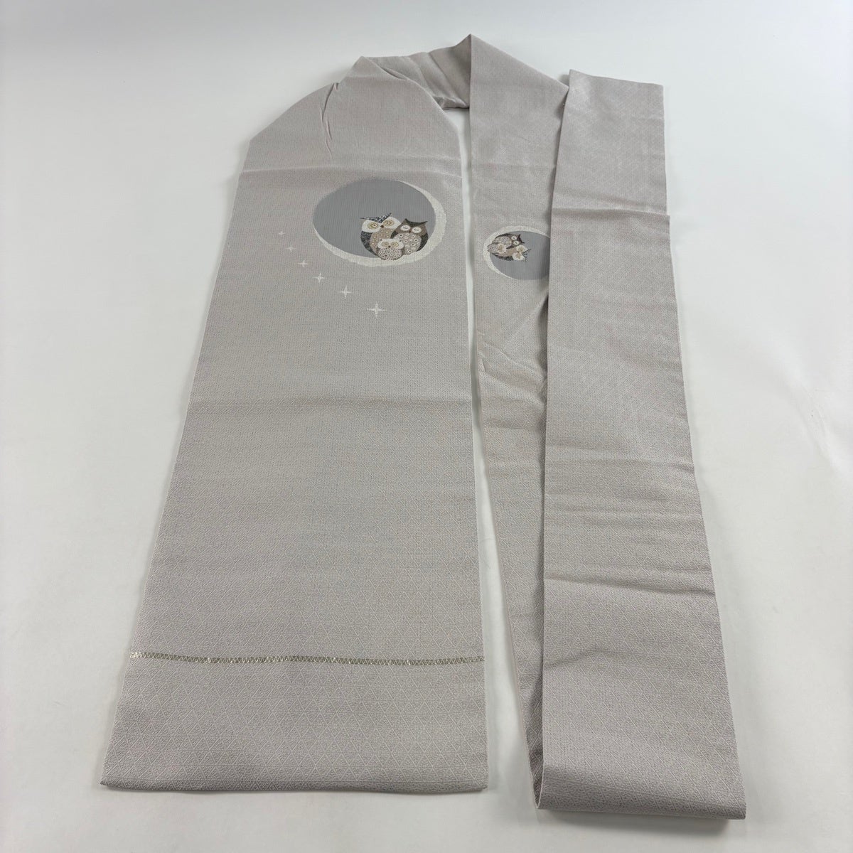 名古屋帯 名品 ふくろう 三日月 銀糸 灰紫 正絹｜中古・古着