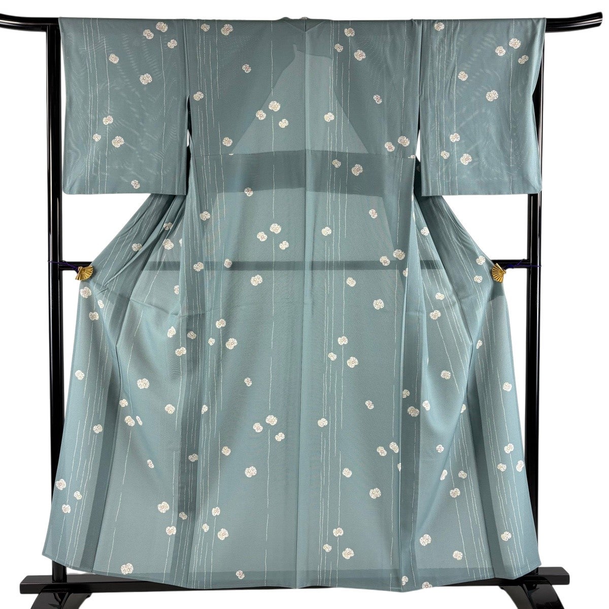 小紋 身丈167cm 裄丈69cm L 袷 竹 桜 青灰色 正絹 秀品 【中古】