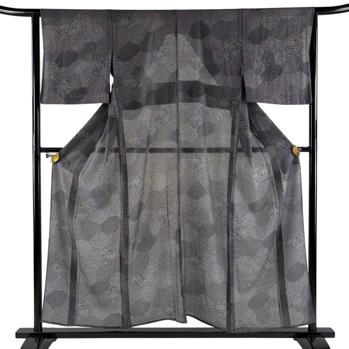 美品】 江戸小紋 身丈154cm 裄丈63.5cm S 薄物 絽 小花 亀甲 黒灰 正絹