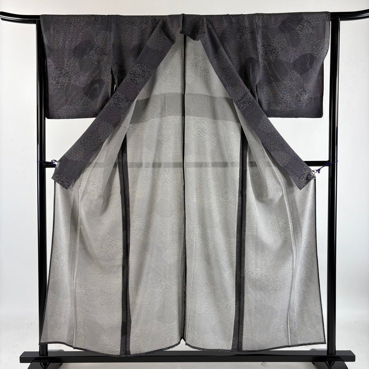 美品】 江戸小紋 身丈154cm 裄丈63.5cm S 薄物 絽 小花 亀甲 黒灰 正絹