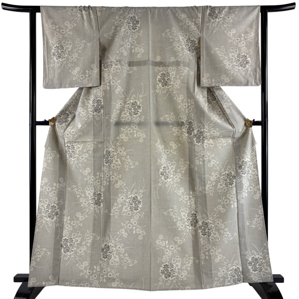 紬 身丈163.5cm 裄丈63cm S 単衣 雪輪 草花 灰色 正絹 秀品｜中古