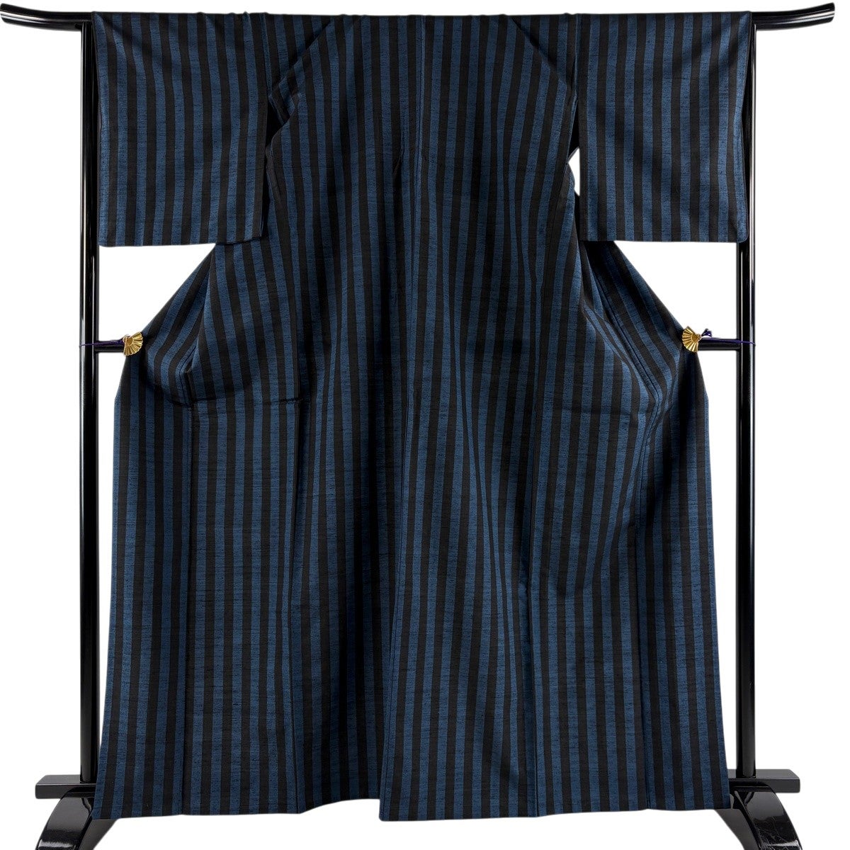 美品】 紬 身丈163.5cm 裄丈66cm M 単衣 信州紬 証紙あり 縦縞 藍色