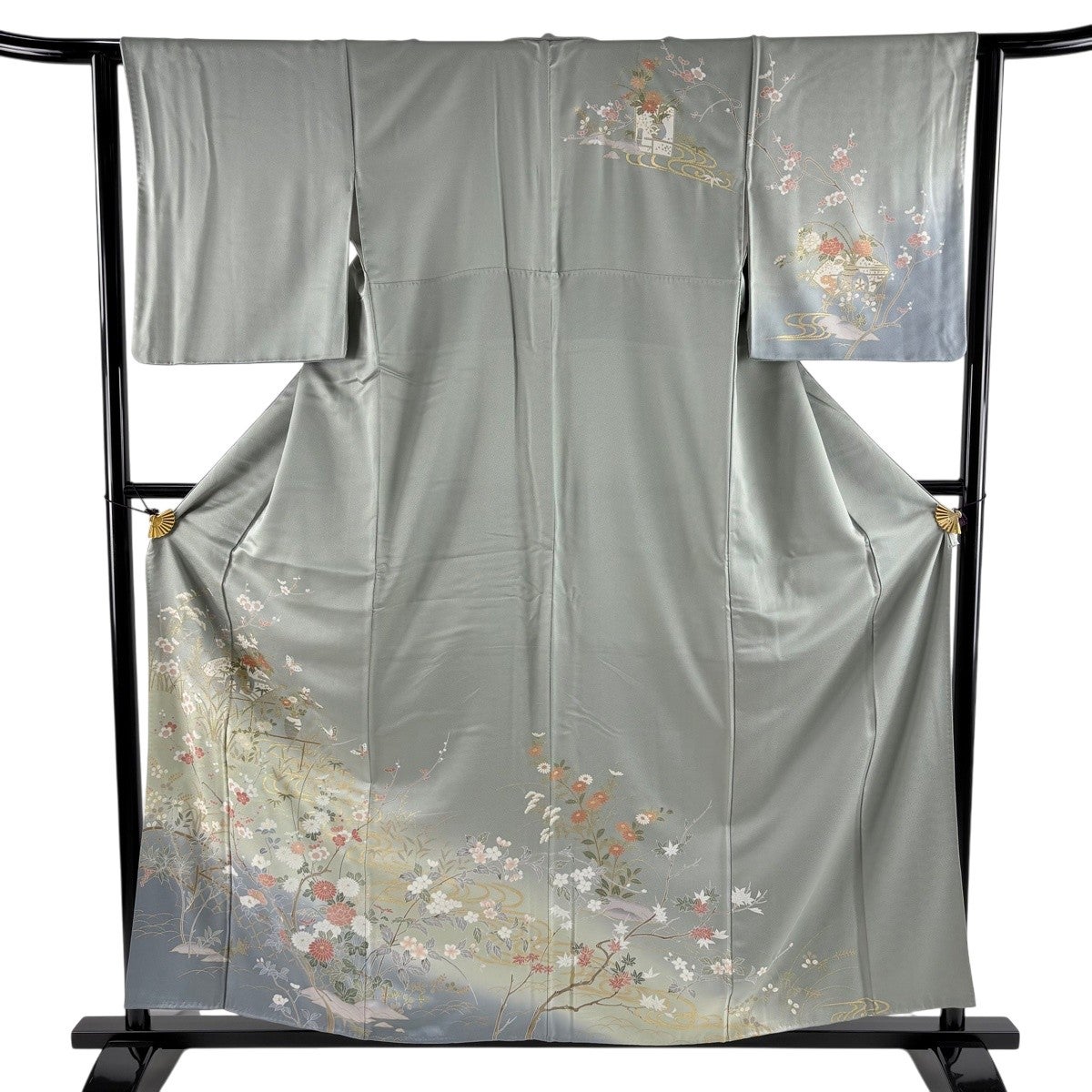 美品】 訪問着 身丈168cm 裄丈67.5cm L 袷 雪輪 家屋 絞り 黒 正絹