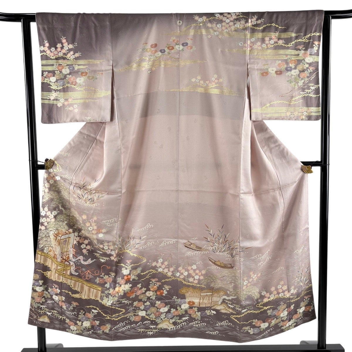 訪問着 身丈151cm 裄丈63cm S 袷 御所車 桜 刺繍 金糸 薄小豆 正絹 秀