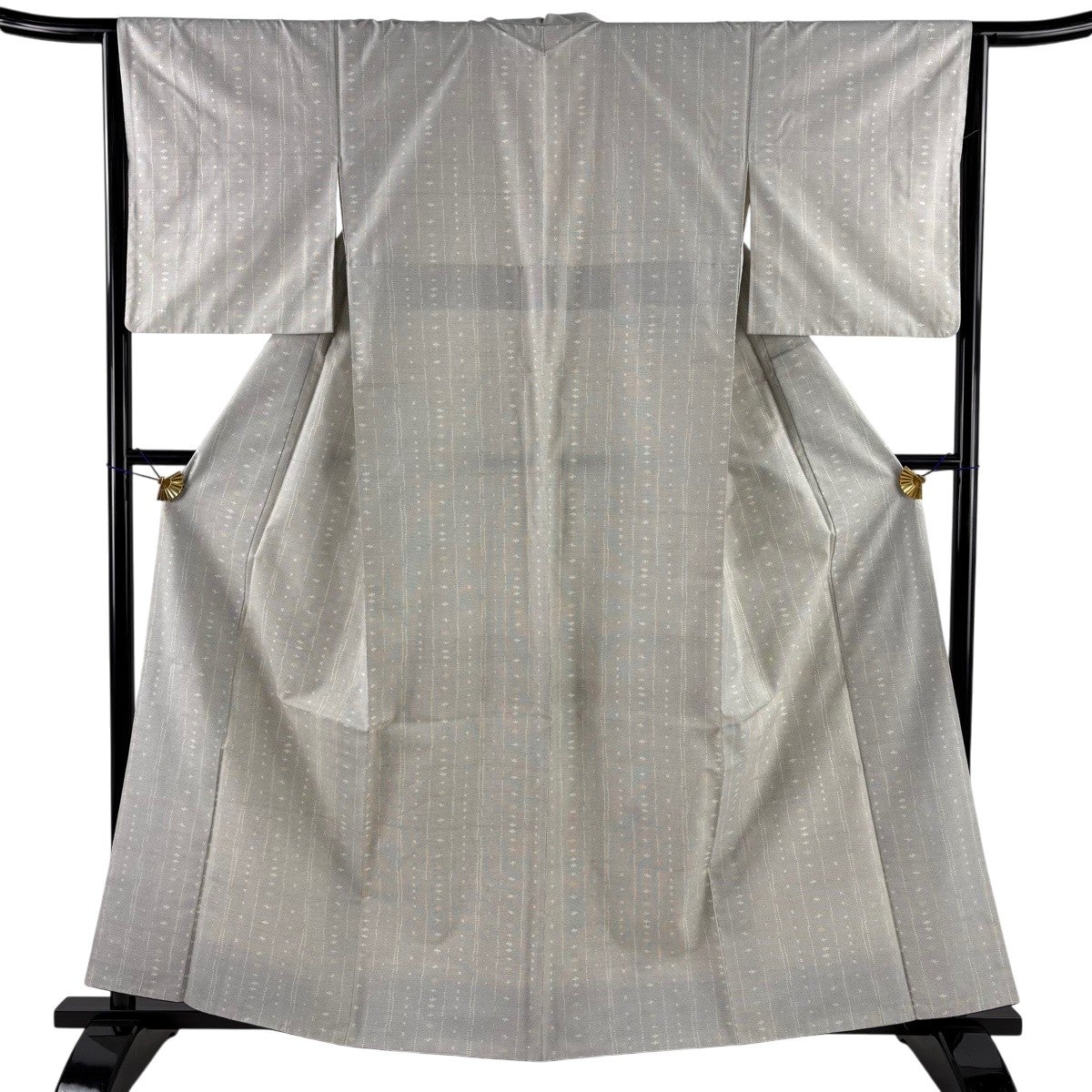 紬 身丈164cm 裄丈64cm M 袷 縦縞 幾何学模様 灰色 正絹 名品｜中古