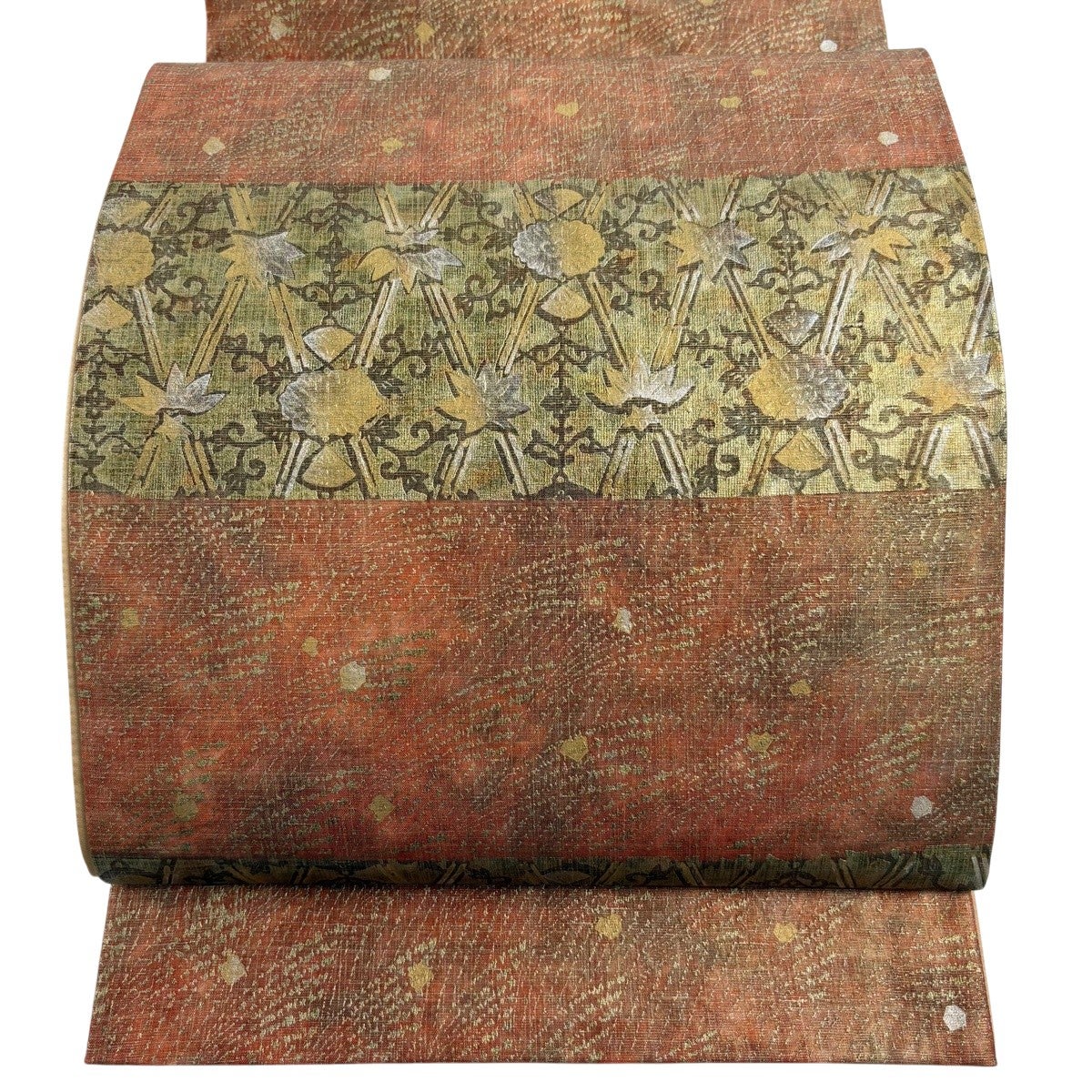 美品】 袋帯 逸品 落款あり 牛首紬 草花 立涌 金銀彩 金色 全通 正絹