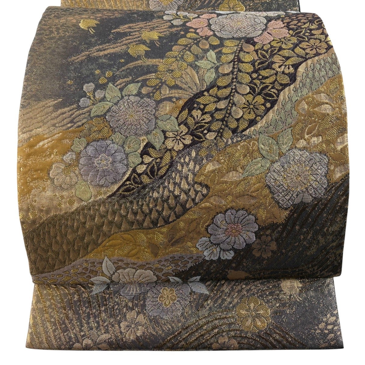 美品】 袋帯 名品 草花 青海波 箔 金銀糸 黒灰 六通 正絹｜中古・古着