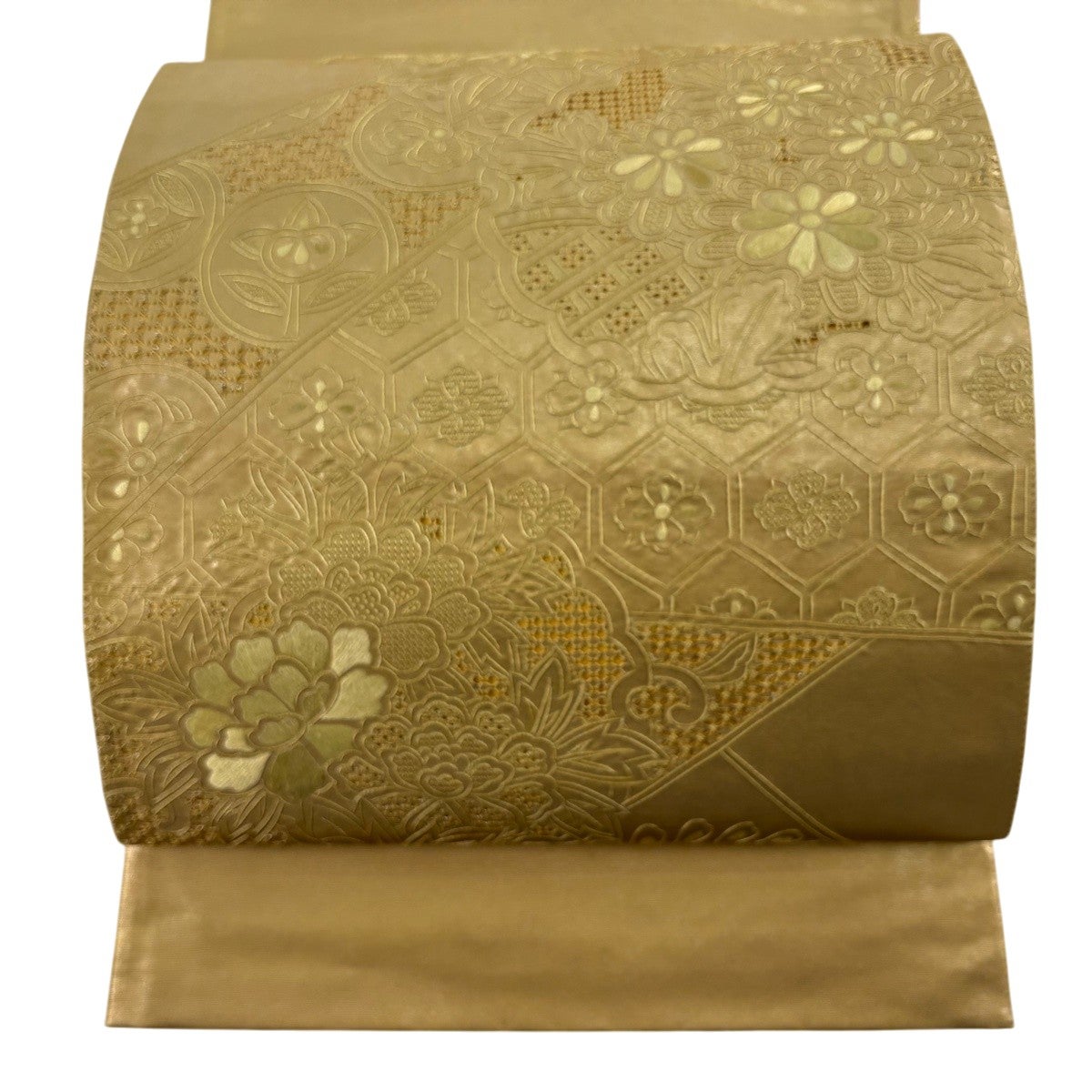 美品】 袋帯 秀品 関西仕立て 華文 草花 箔 刺繍 金色 お太鼓柄 正絹