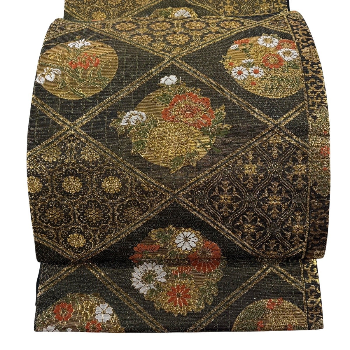 美品】 袋帯 秀品 夏帯 紗 花丸文 秋草 金糸 箔 灰茶 六通 正絹｜中古