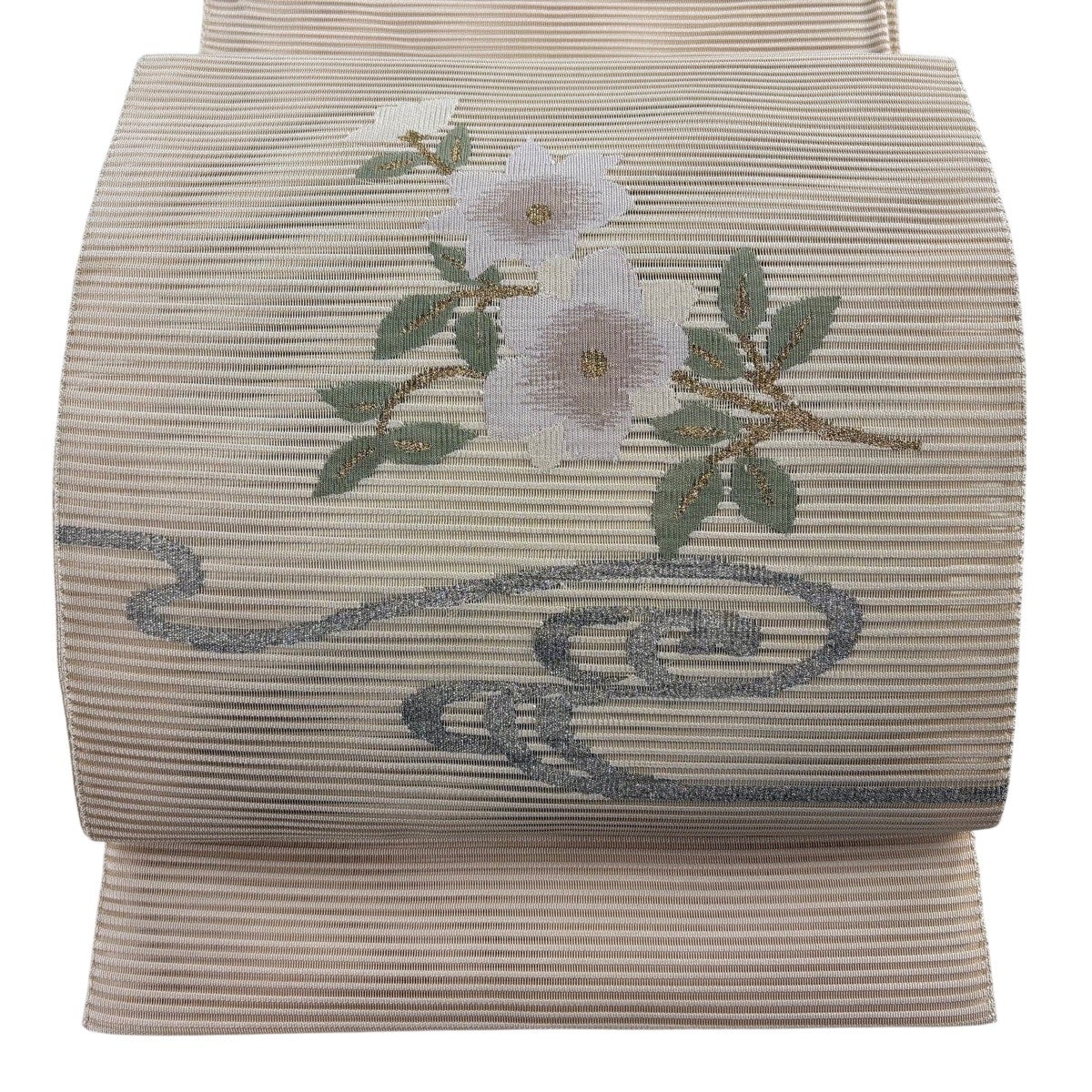 美品】 名古屋帯 秀品 夏帯 絽 八寸名古屋帯 松葉仕立て 草花 流水 金