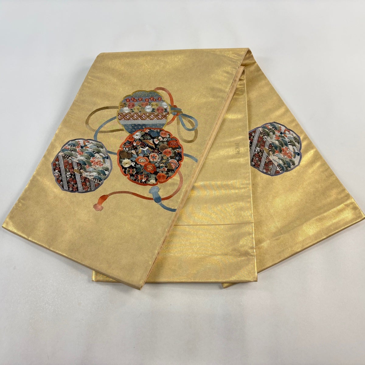 美品】 袋帯 逸品 蒋雪英 落款あり 雪英導 蘇州刺繍 鏡裏文 草花 金糸
