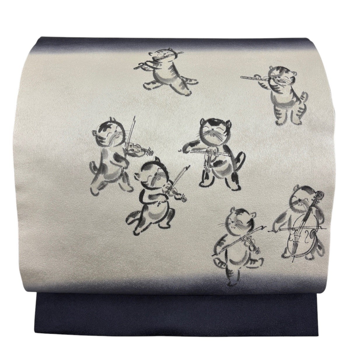 美品】 名古屋帯 逸品 猫 楽器 銀通し 紺色 正絹｜中古・古着