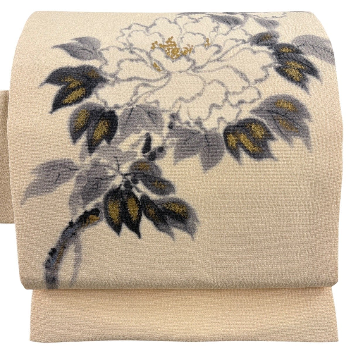 美品】 名古屋帯 名品 落款あり 山科春宣 牡丹 金彩 薄オレンジ 正絹
