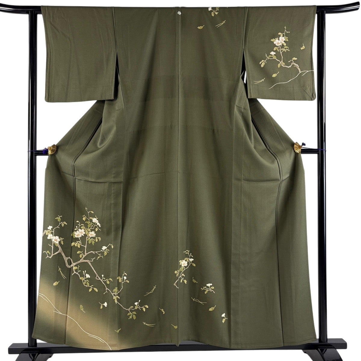 付下げ 身丈156cm 裄丈62cm S 単衣 枝花 金彩 ぼかし 茶緑色 正絹 秀品