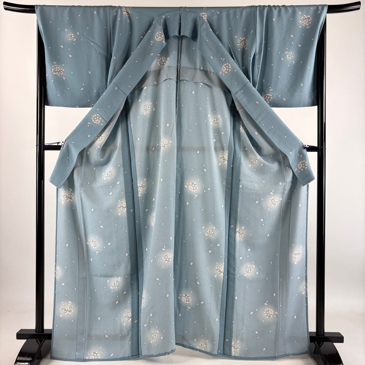 小紋 身丈165.5cm 裄丈68.5cm L 単衣 桜 花びら ぼかし 水色 正絹 秀品