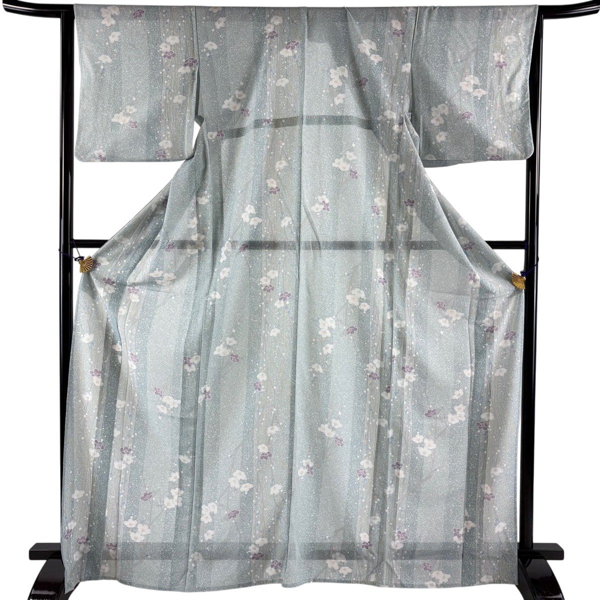 美品】 小紋 身丈167.5cm 裄丈64cm M 薄物 絽 バチ衿 縦縞 梅 青灰色