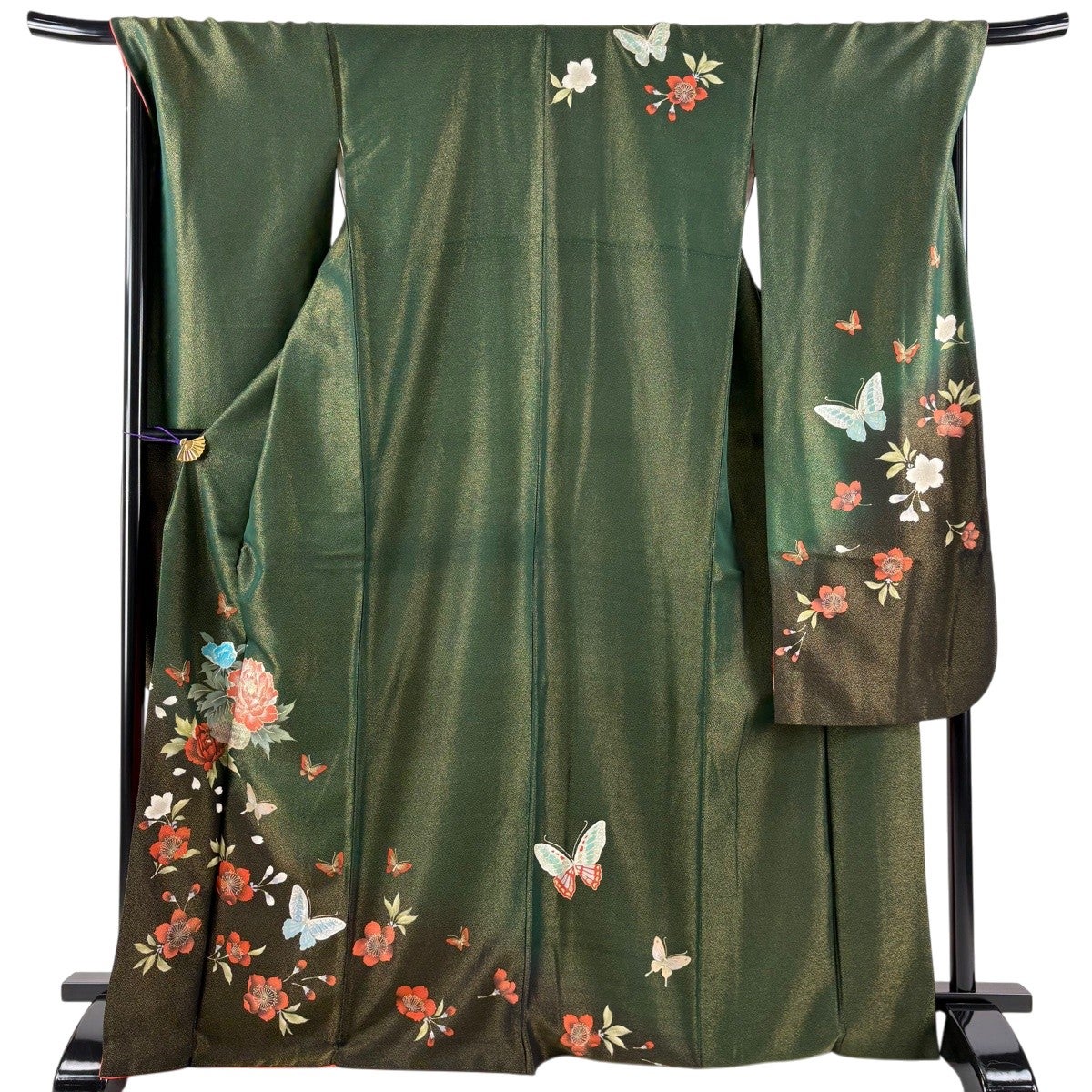 【美品】振袖　緑　正絹　金彩　牡丹　身丈161cm裄65.5cm 振袖 身丈169cm 裄丈70.5cm L 袷 花籠 蝶 金通し 金銀彩 深緑 正絹 秀