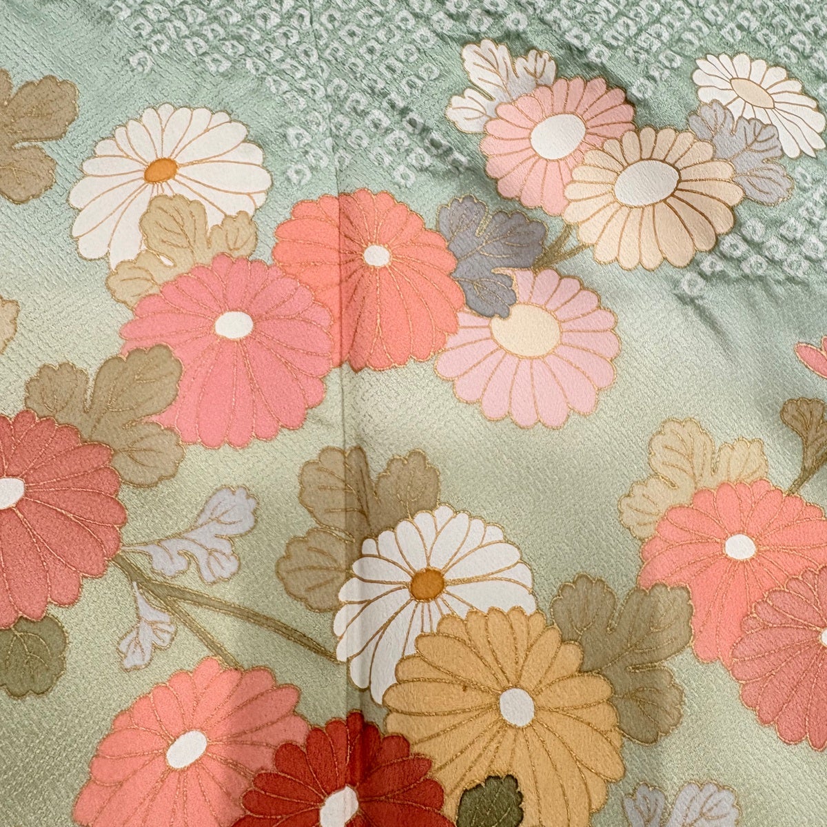 訪問着 身丈157.5cm 裄丈62.5cm S 袷 菊 間垣 金彩 絞り 薄緑 正絹 秀