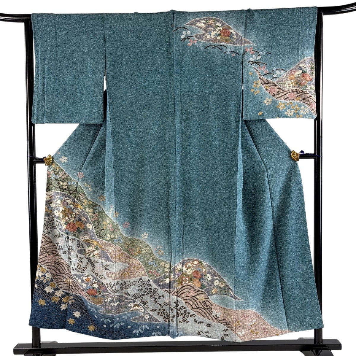 訪問着 身丈151cm 裄丈63.5cm S 袷 草花 御所車 金彩 ぼかし 青緑 正絹