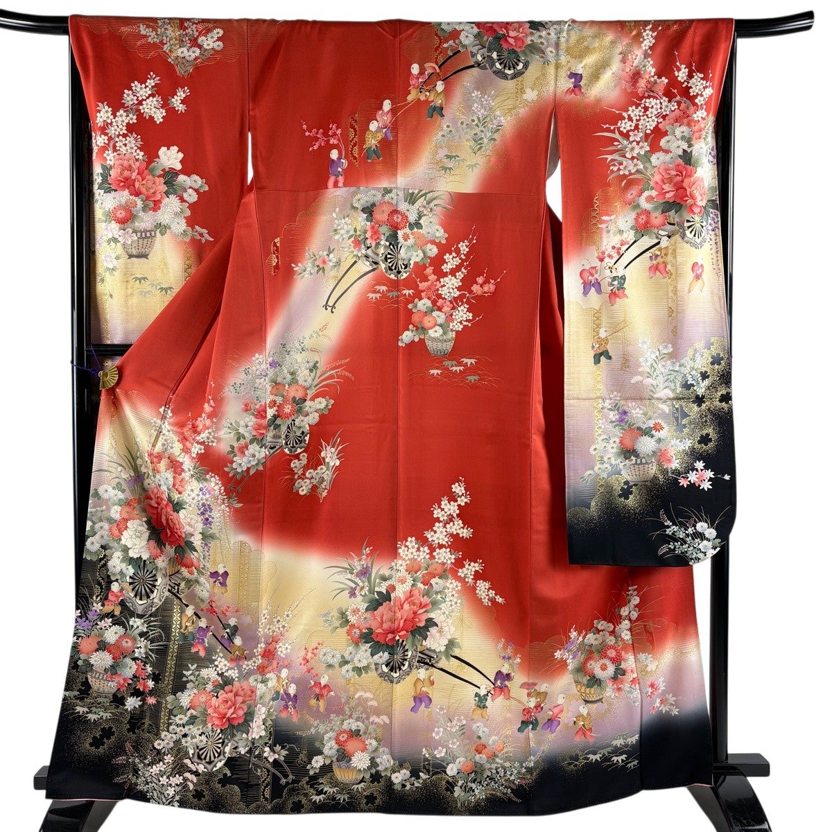 美品】 振袖 身丈165cm 裄丈67.5cm L 袷 花車 御簾 金彩 染め分け 茜色