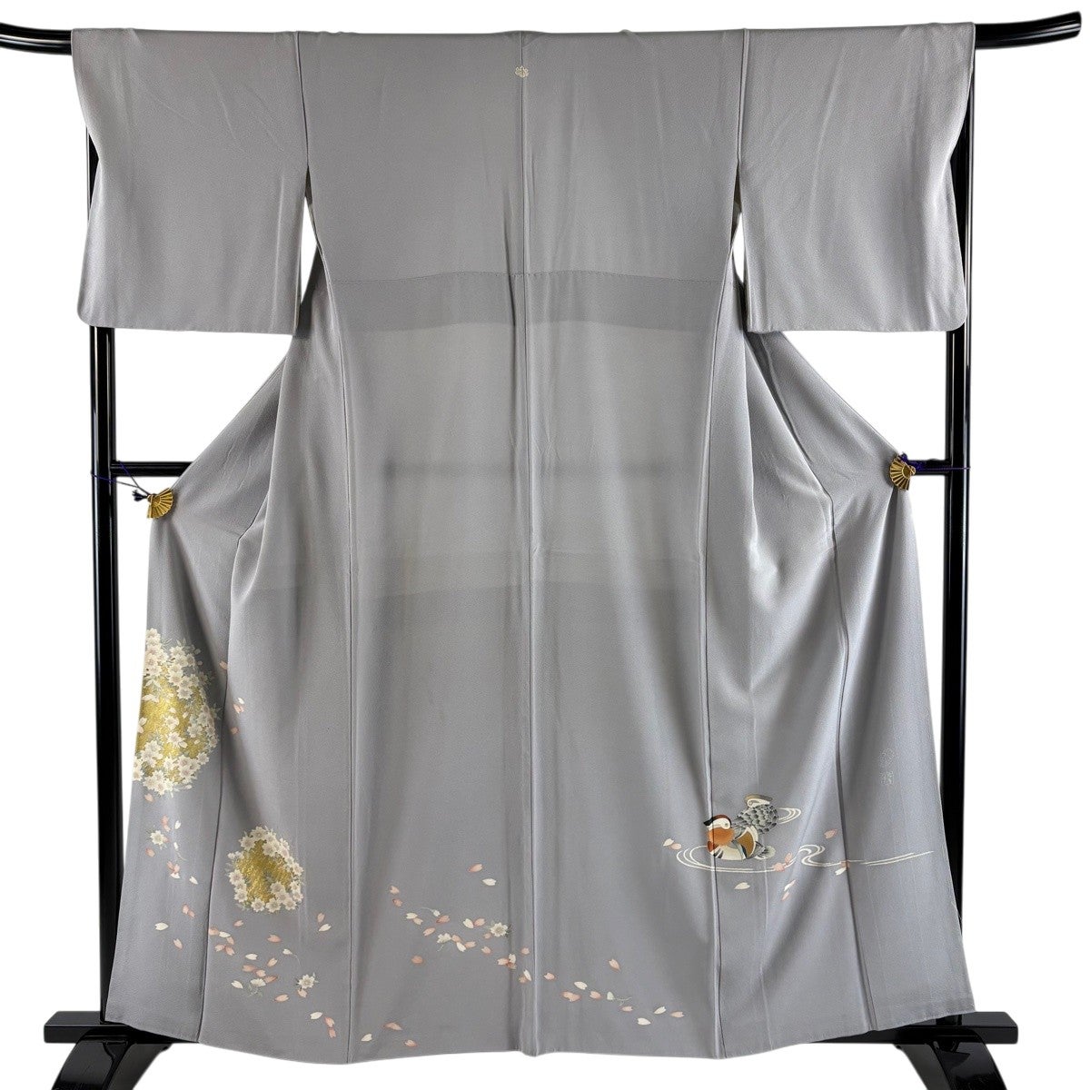 色留袖 身丈167cm 裄丈65cm M 袷 鳥 草花 金糸 金彩 灰緑 正絹 秀品 一