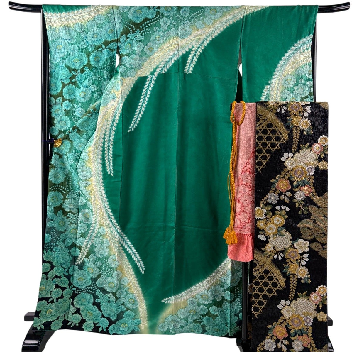 美品】 振袖 身丈166cm 裄丈66cm M 袷 袋帯フルセット 草花 銀通し