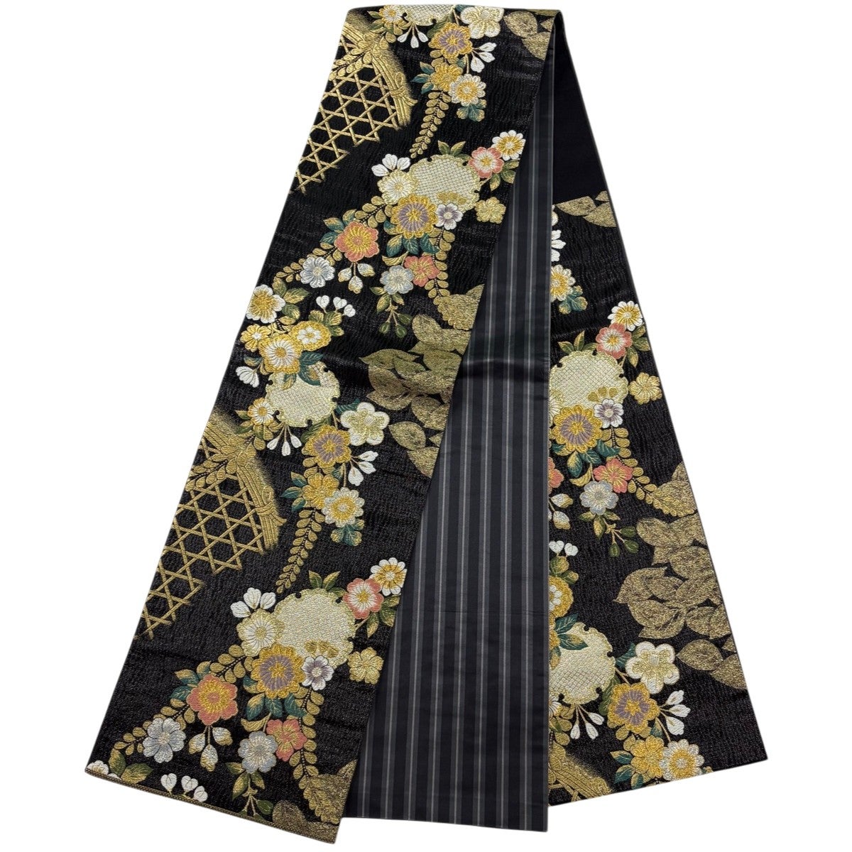 美品】 振袖 身丈166cm 裄丈66cm M 袷 袋帯フルセット 草花 銀通し