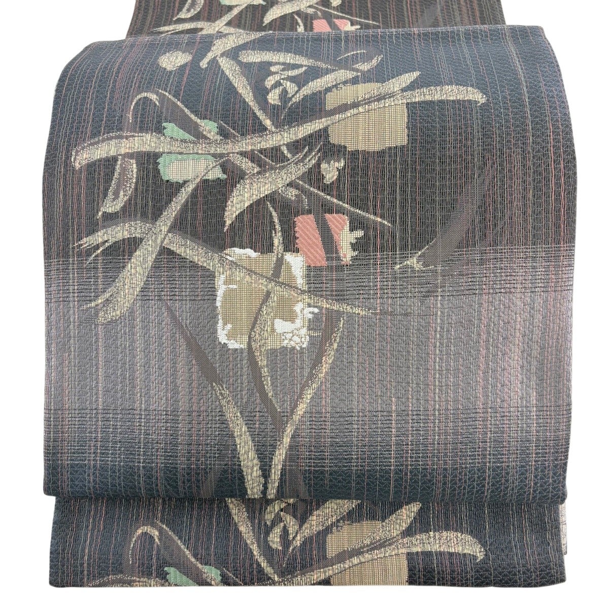 美品 袋帯 名品 草花 よろけ縞 刺繍 薄小豆 六通 正絹 中古 美品 袋帯