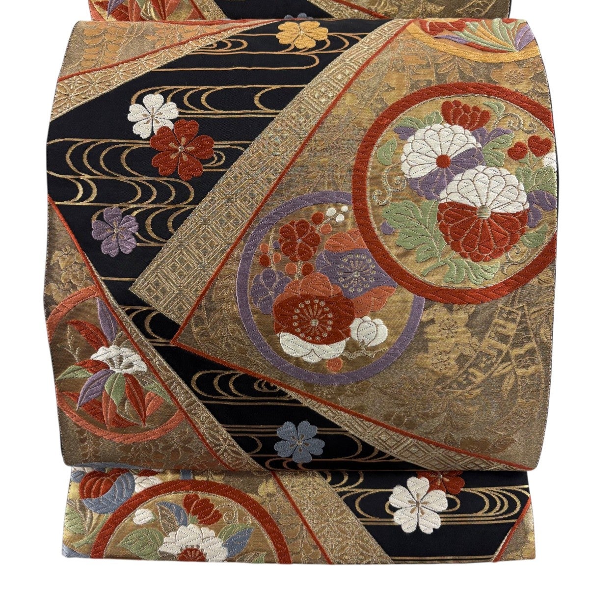 美品】 袋帯 秀品 じゅらく 落款あり 幾何学模様 箔 紺色 六通 正絹