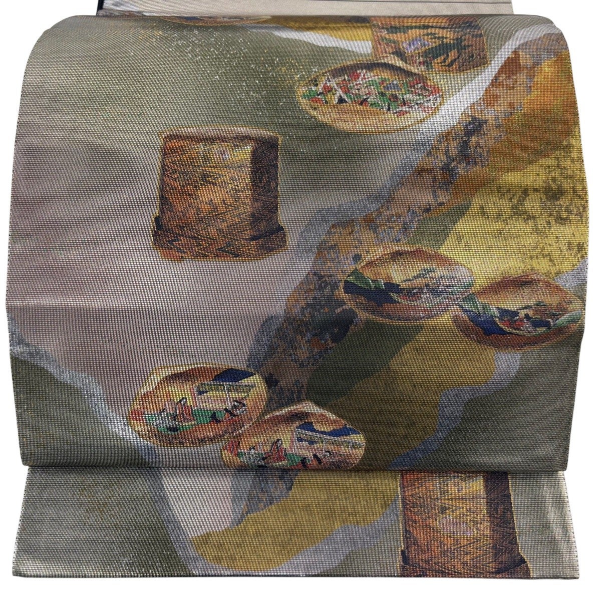 美品】 袋帯 秀品 草花 松 螺鈿箔 箔 灰緑 お太鼓柄 正絹｜中古・古着